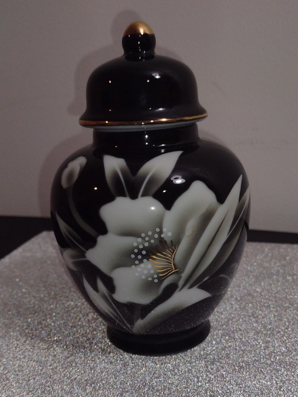 Japanese Weekend Black Porcelain Floral Ginger Jar with Gold Trim